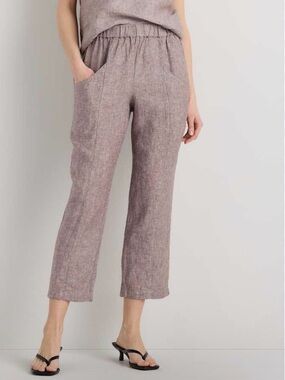 Quince 100% European Linen Tapered  Ankle Pants XS Taupe Brown Chambray EUC